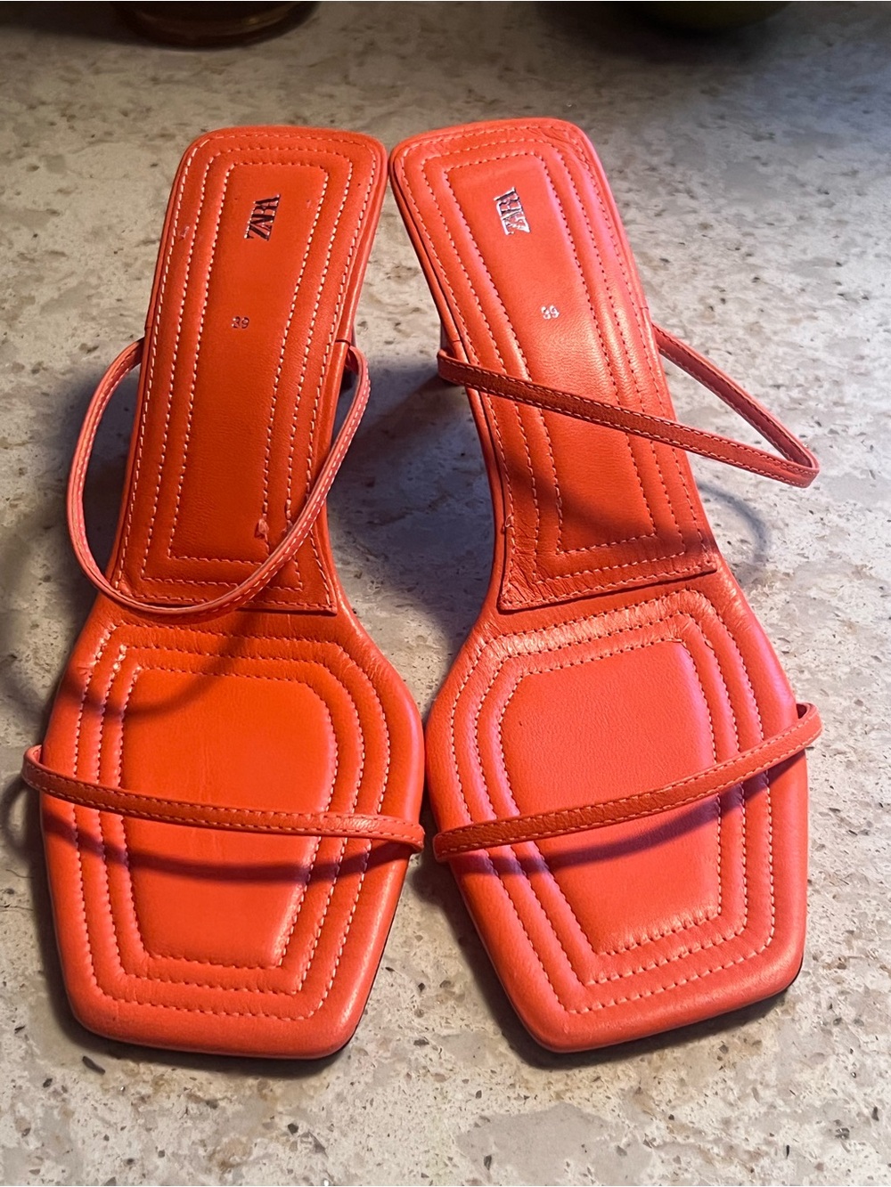 Zara Coral-Orange Square-Toe Strappy Slide Heels